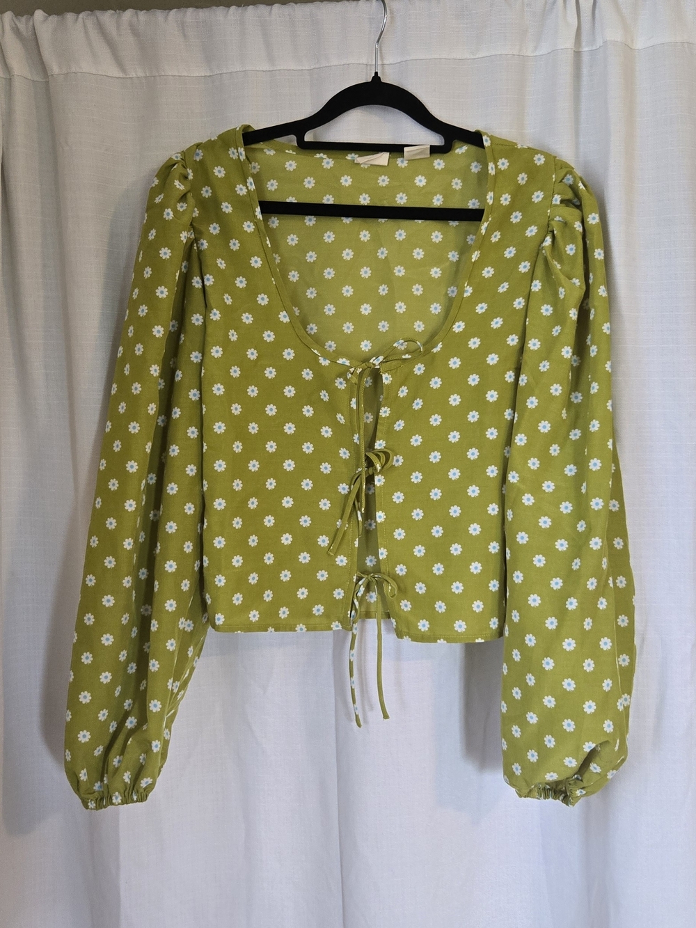 Tie-Front Ditsy Daisy Blouse in Chartreuse - Women Tops